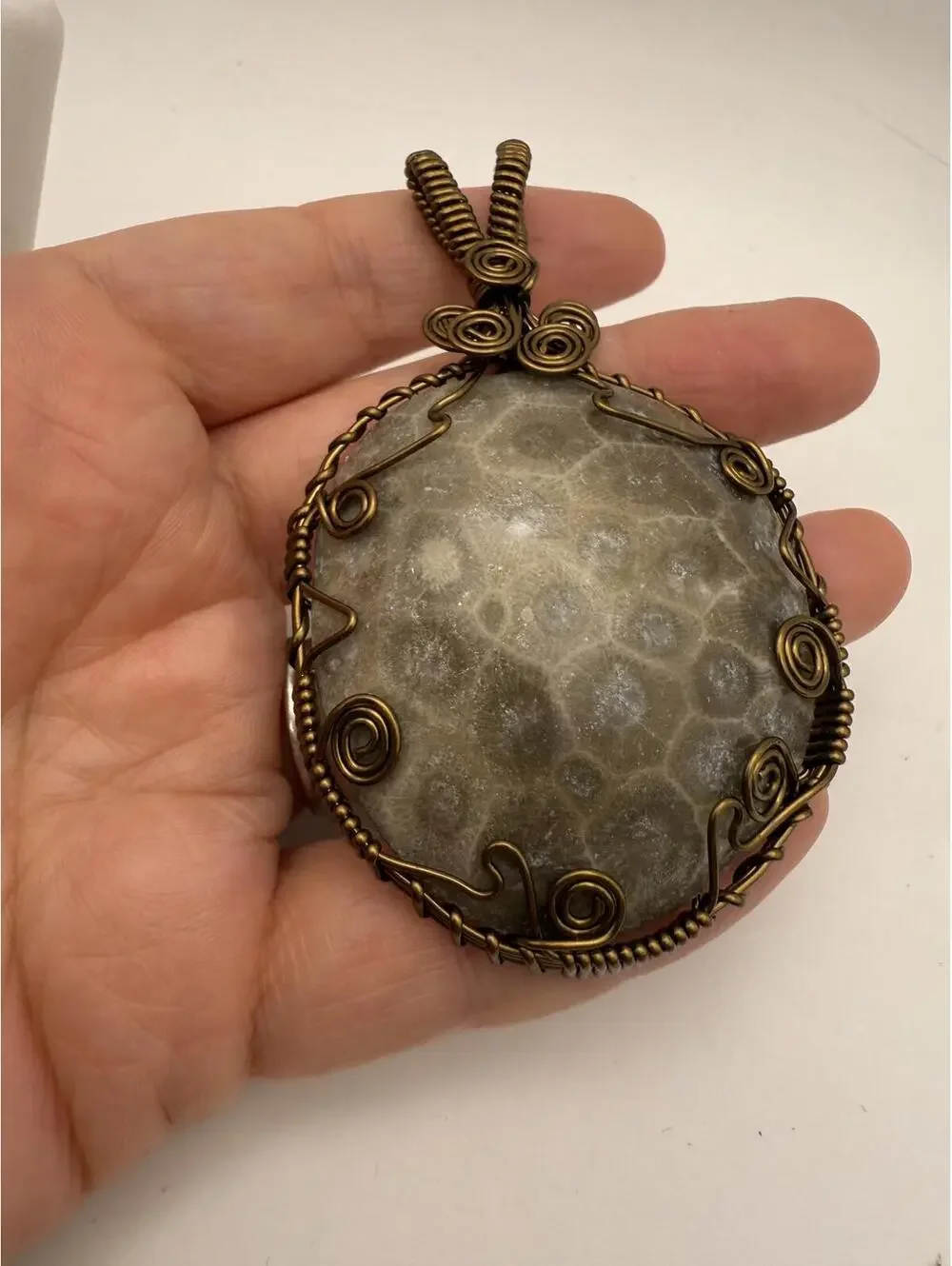 Large Handcrafted Wire Wrapped Petoskey Stone Pendant Amulet